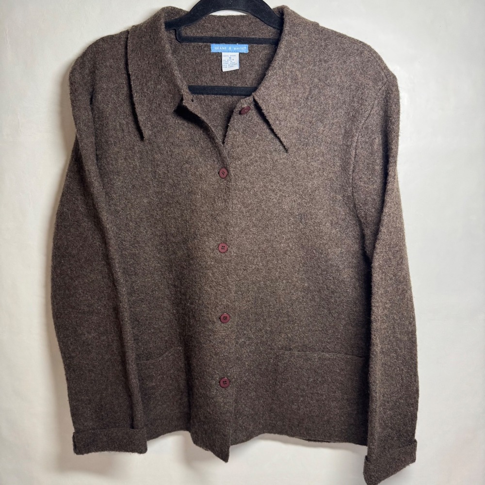 100% Wool Soft Granola Girl DEANE & WHITE Button Up Jacket Cardigan Cozy Brown S